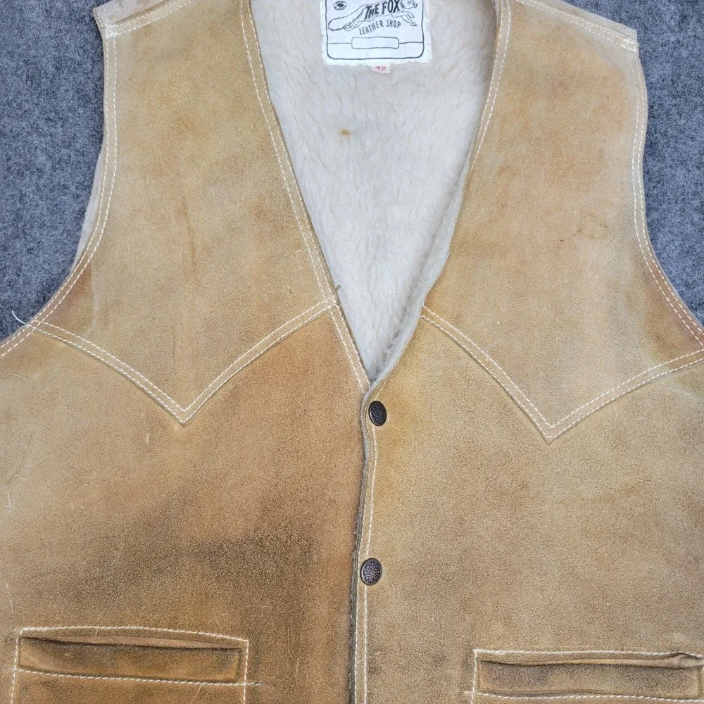 The Fox Leather Shop Vest Mens 42 Brown Sherpa Lined Hunting Prepper Country